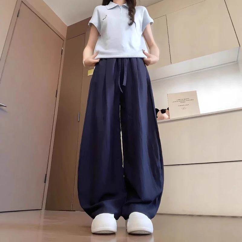 韩版藏青色弯刀裤女夏季薄款胖MM大码女装高腰宽松休闲气球阔腿裤