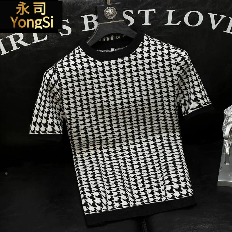 2025春秋新款针织短袖T恤男士青年厚款毛衣千鸟格设计感半袖男装t