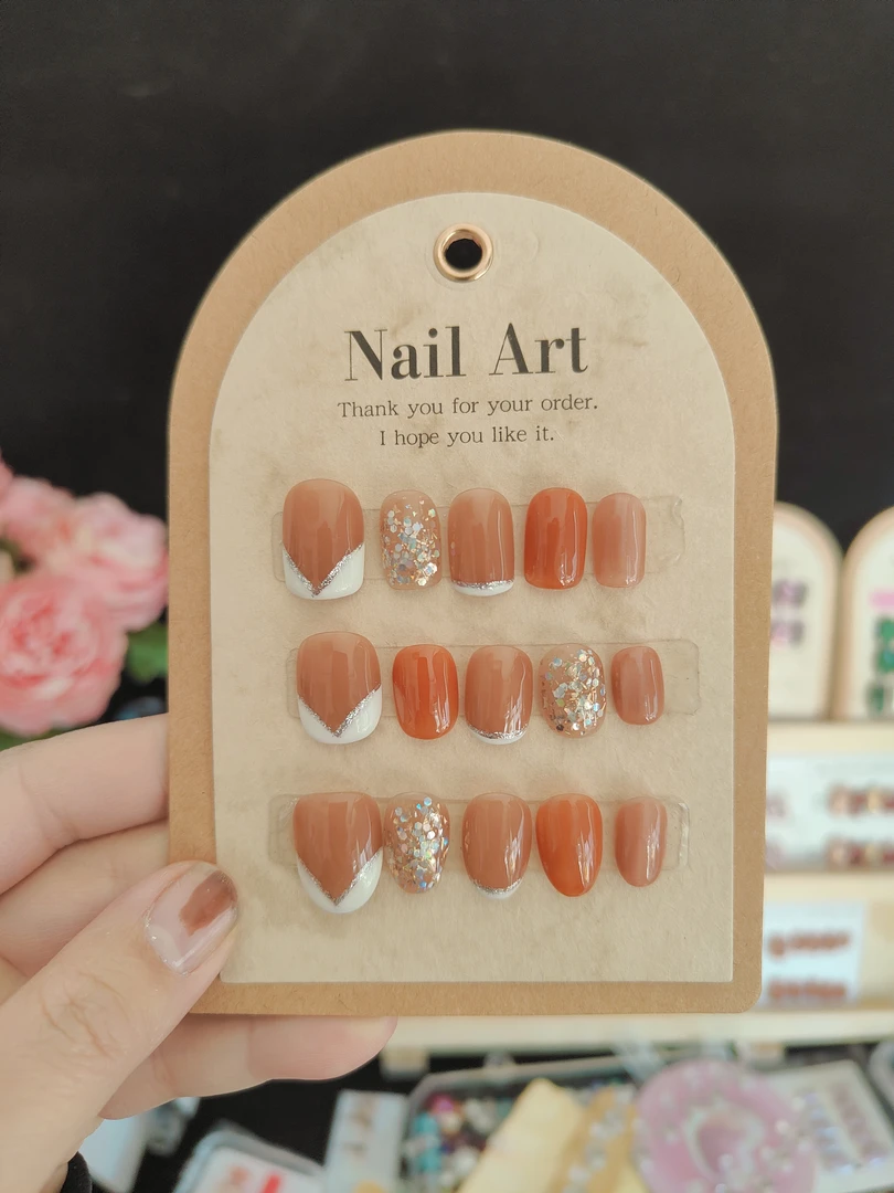 【清雅】悠觅设计师特调清新琥珀色显白气质轻奢高定穿戴甲手绘