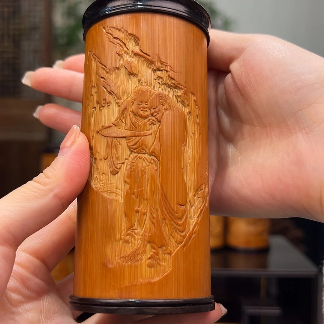 竹广**人竹雕和合二仙茶叶罐