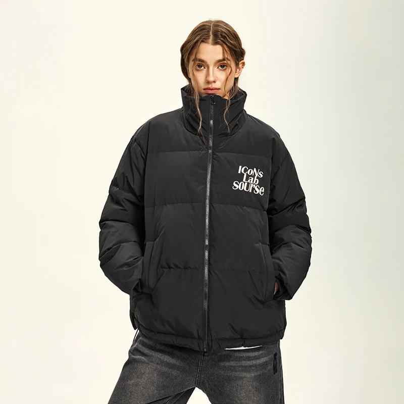 ICONSLAB三行文字刺绣羽绒服短款休闲情侣立领冬季