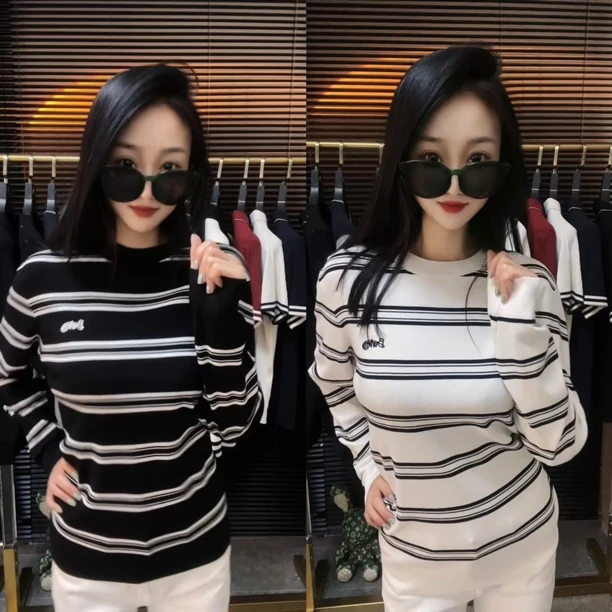 秋冬新款男士条纹圆领针织衫毛衣修身型百搭显瘦网红时尚洋气长袖