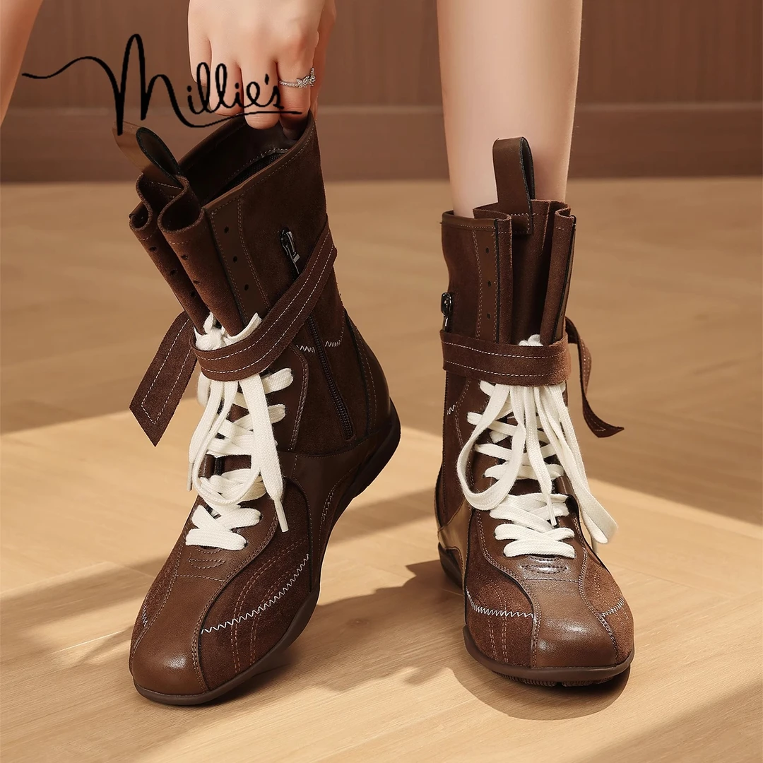 MILLIE'S/妙丽复古英伦风厚底马丁靴女款2025新款夏配裙子中筒靴