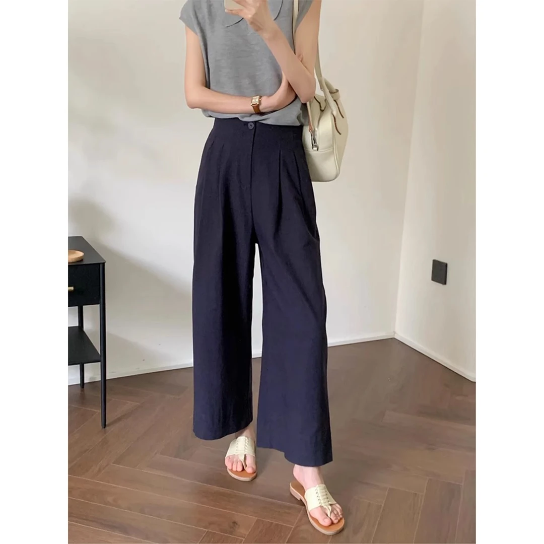 深蓝色高腰亚麻休闲西装裤女夏季薄款大码棉麻直筒显瘦九分阔腿裤