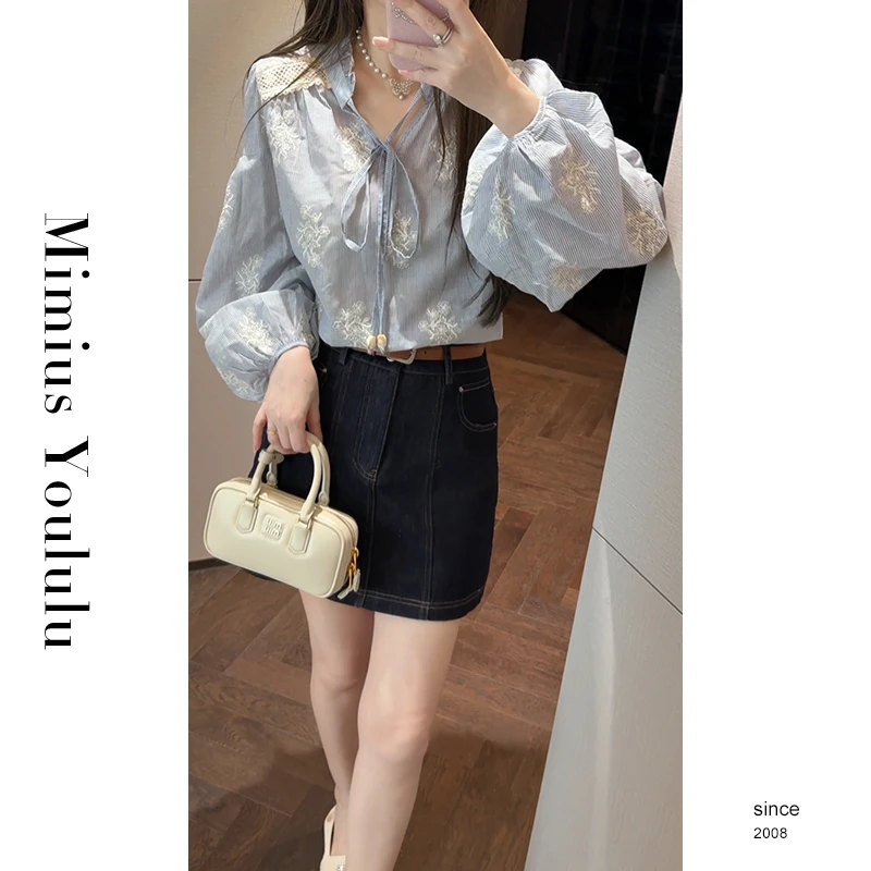 【mimius】&喵喵 韩系刺绣蕾丝衬衫+经典牛仔裙裤/有腰带 G03062
