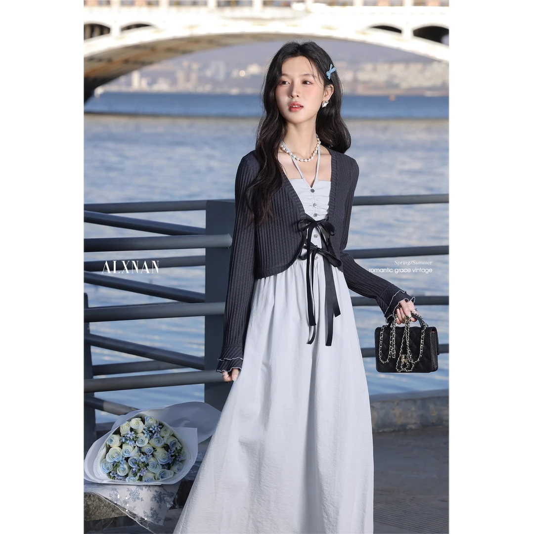 鹿向南-七月茉时尚休闲蓝色连衣裙浅灰色开衫新中式套装L53126