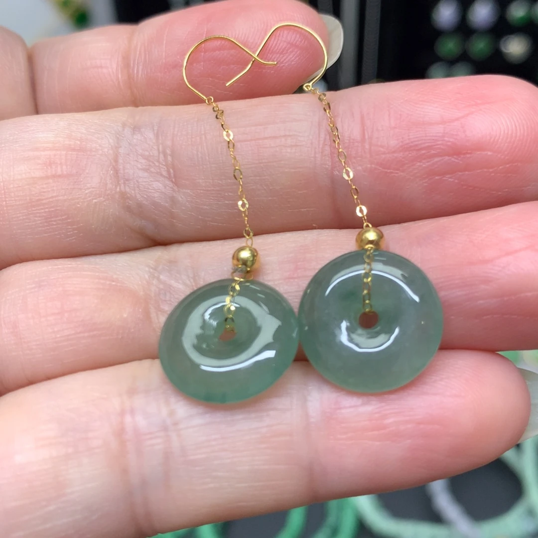 翡翠18K金镶嵌耳饰有纹裂