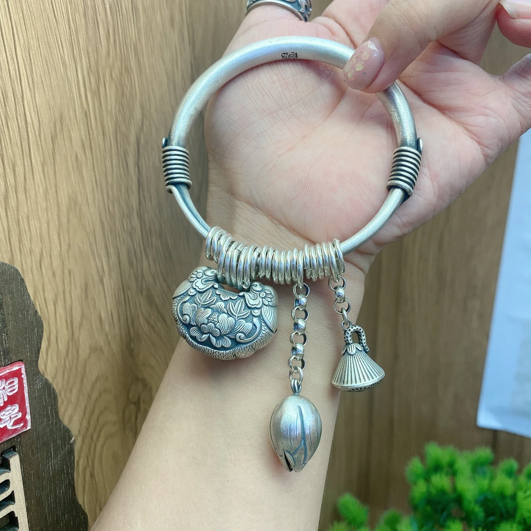 足银手镯 英英手工錾刻银手镯吞金兽