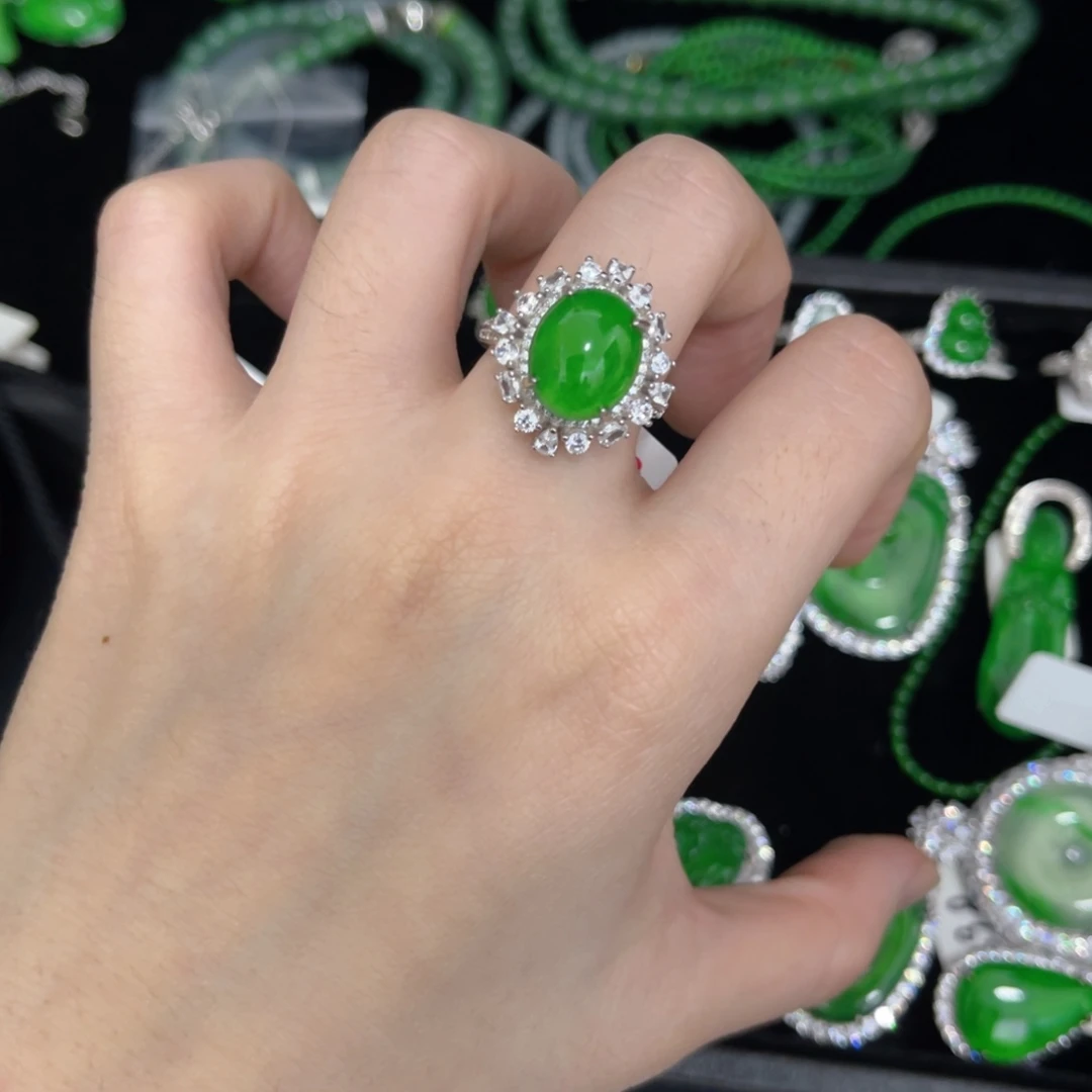 翡翠银S925镶嵌戒指蛋面戒指