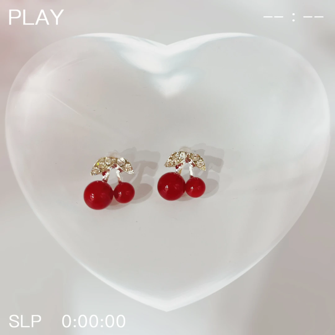 钛钢锆石耳饰 1408钛钢轻奢红色樱桃密镶耳钉
