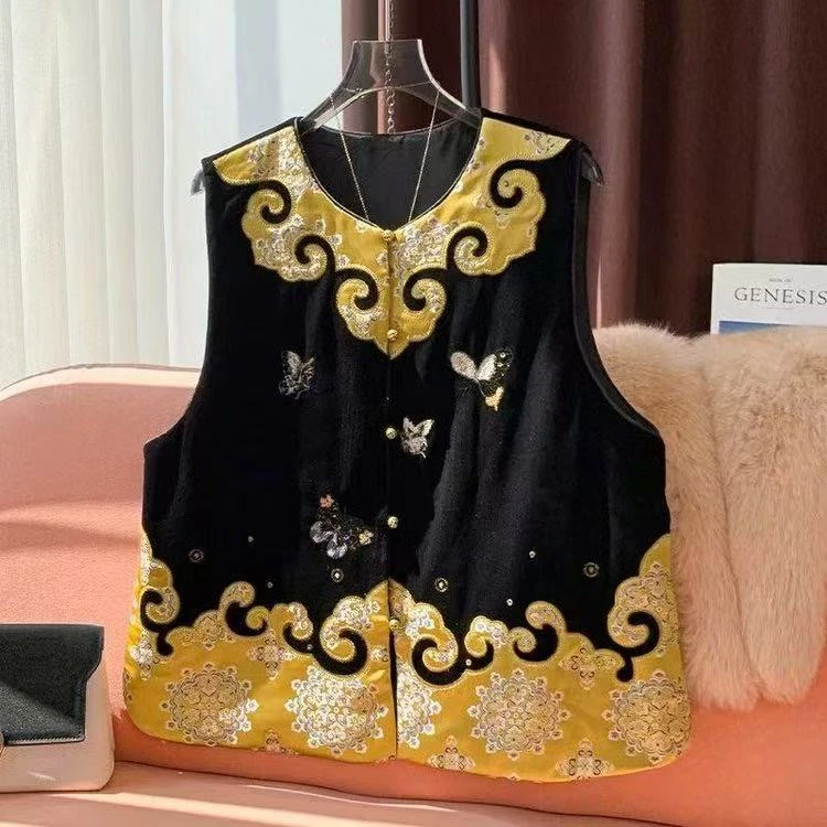 【吉祥三宝马甲】棉绿色提花女士国风秋季复古气质