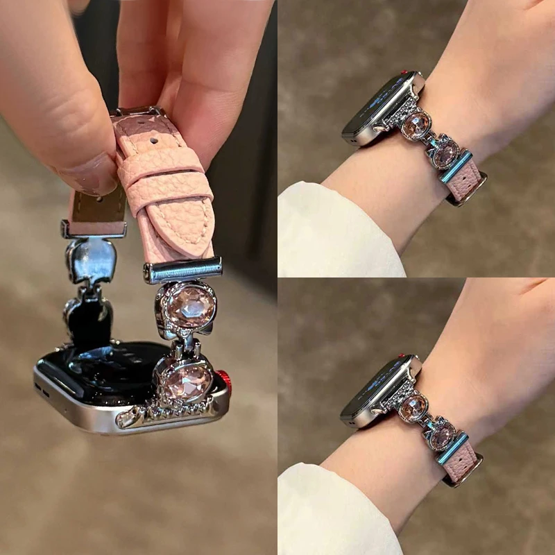 适用华为FIT4真皮表带watchfit4pro荔枝纹皮fit3施华洛镶钻表链女