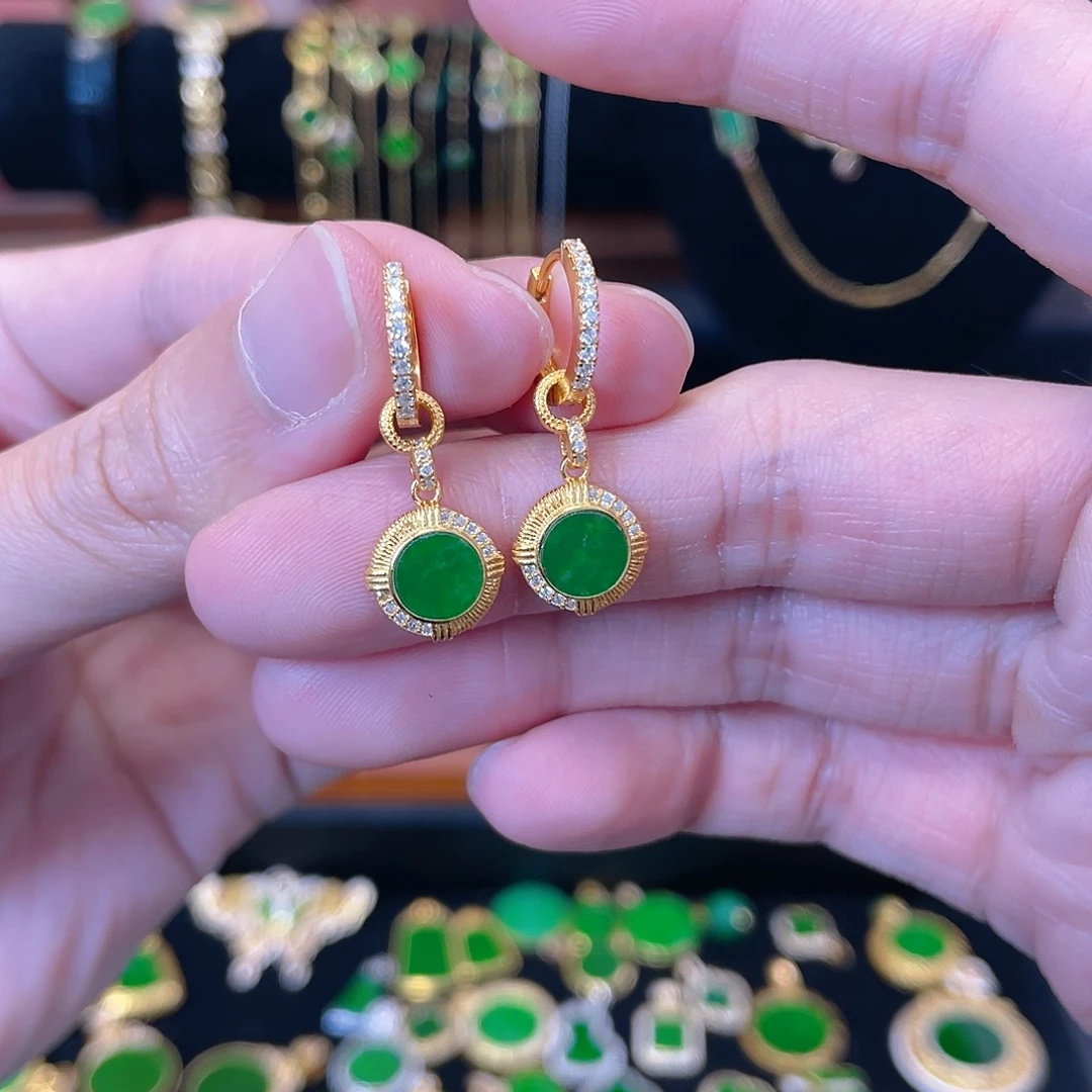 翡翠银S925镀金镶嵌耳饰