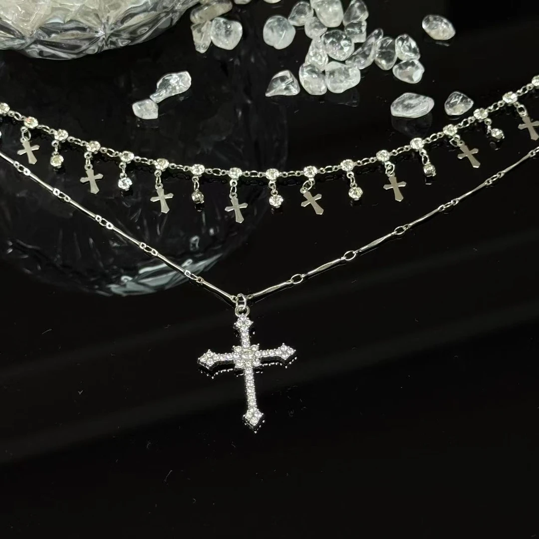 铜合金合成锆石项链 轻奢百搭满钻双层流苏十字架买手风项链-8033