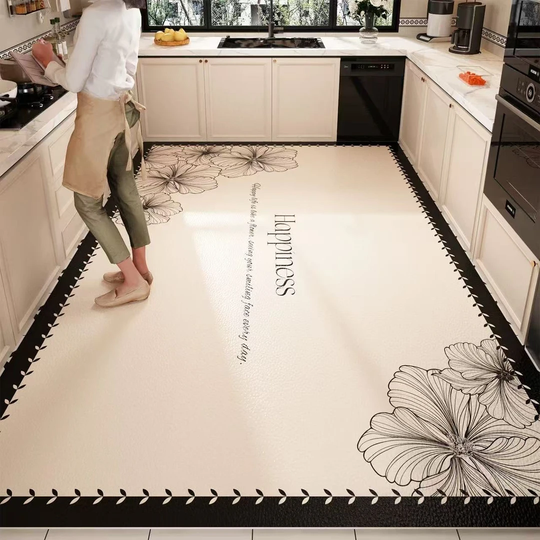 墨以【花影】皮革厨房专用地垫防水防污防滑脚垫可擦洗满铺地垫