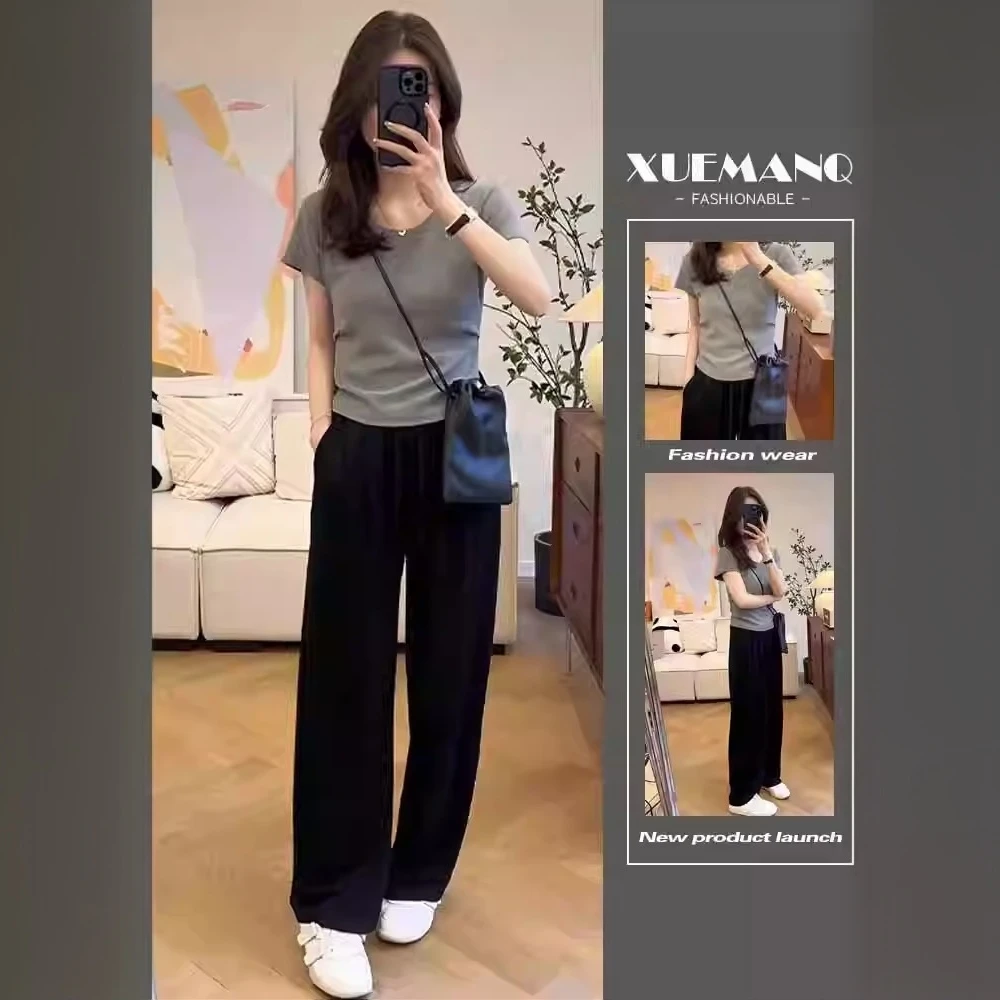 时尚套装女2025夏季新款百搭显瘦短袖T恤女高腰休闲阔腿裤两件套