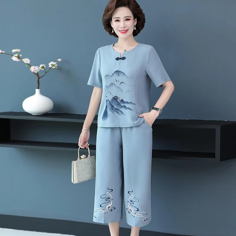 中年妈妈夏装套装短袖2025新款50岁中老年女洋气奶奶上衣两件套装