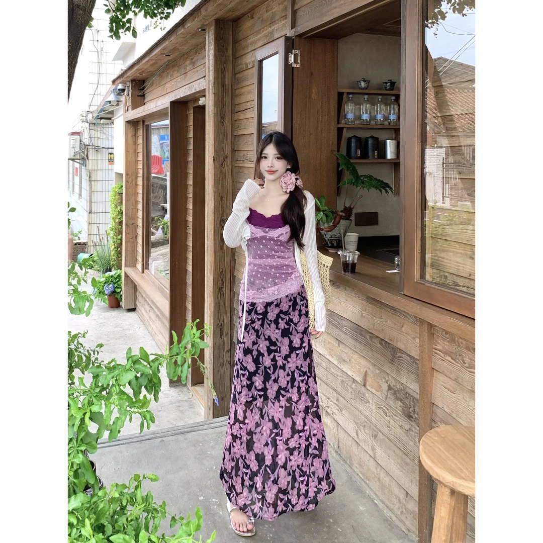 大码纯欲防晒开衫蕾丝吊带碎花半裙三件套胖mm绝美套装