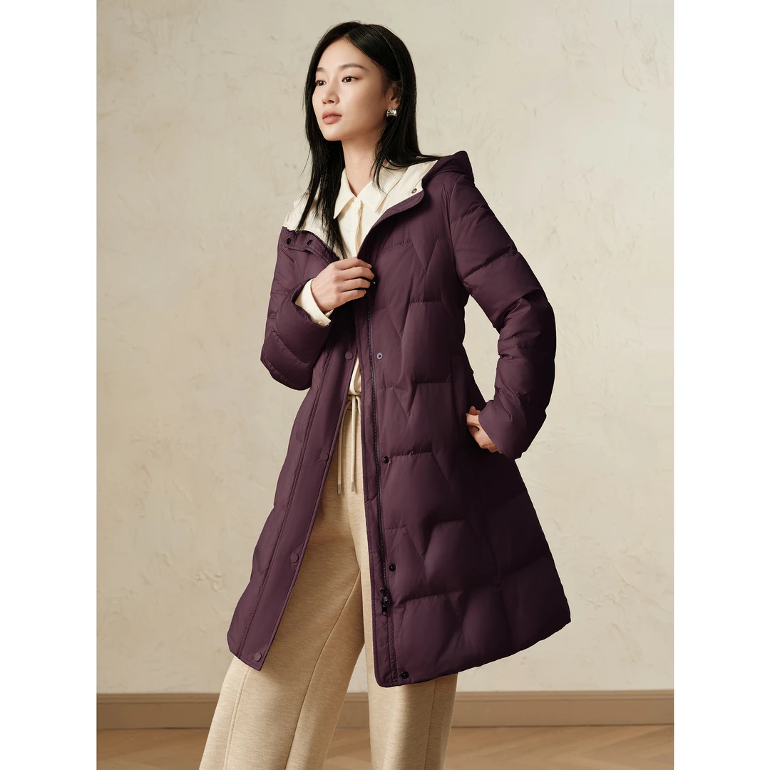 玖姿安娜蔻优雅通勤连帽宽松保暖白鸭绒中长羽绒服冬款JTED03229