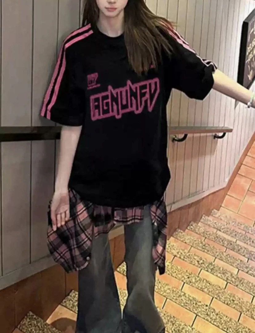 《插肩袖➕三杠》夏季短袖日常T恤纯棉短袖男女百搭t恤圆领黑色印花