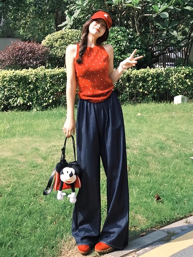 夏日多巴胺红色坎肩圆领修身波点T恤女夏季新款酷飒拽姐无袖套装