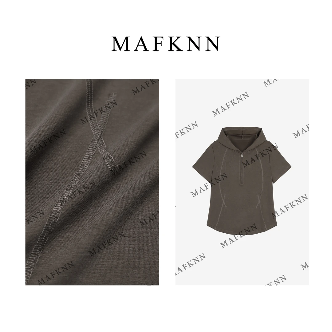 MAFKNN/玛肯时尚休闲简约纯色百搭带帽半拉链帽衫短袖上衣MK12511