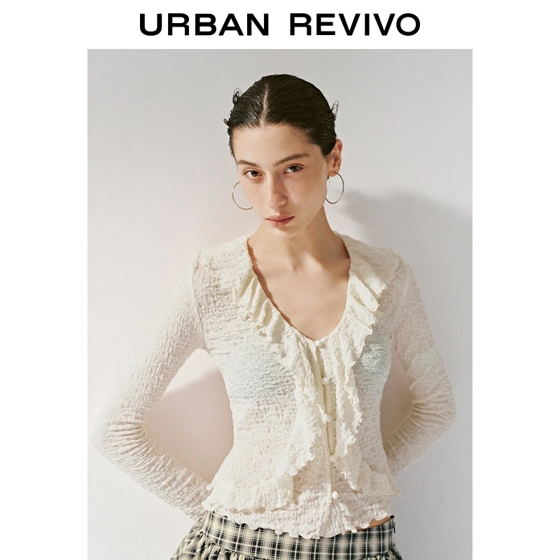 UR2025秋季新款女装荷叶边肌理感长袖开襟衬衫UYV250034