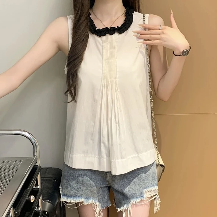 【公主屋】撞色木耳边无袖衬衫856