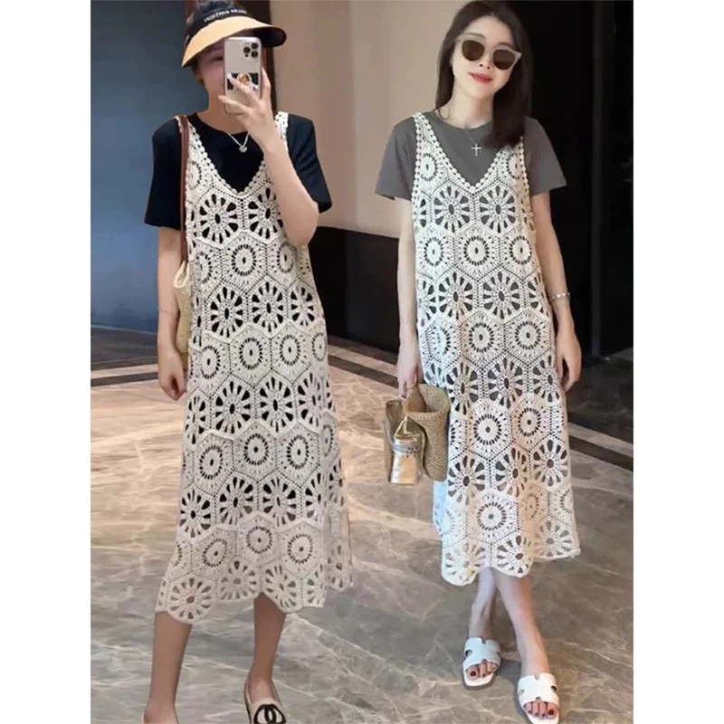 2025年夏季新款法式镂空吊带短袖连衣裙套装女高级感洋气两件套潮