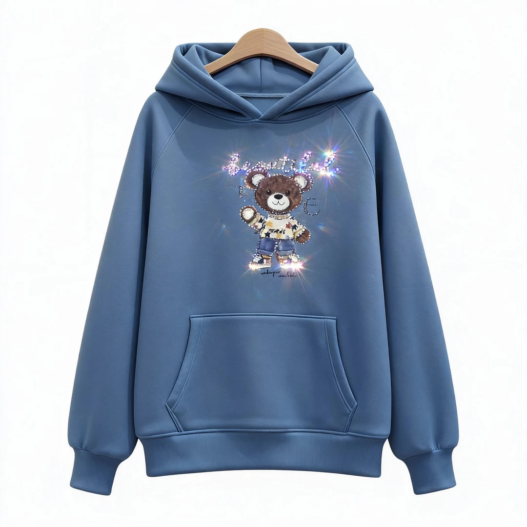 390加绒宽松版长袖连帽卫衣印花连帽衫秋冬【花143】2502天兰九号