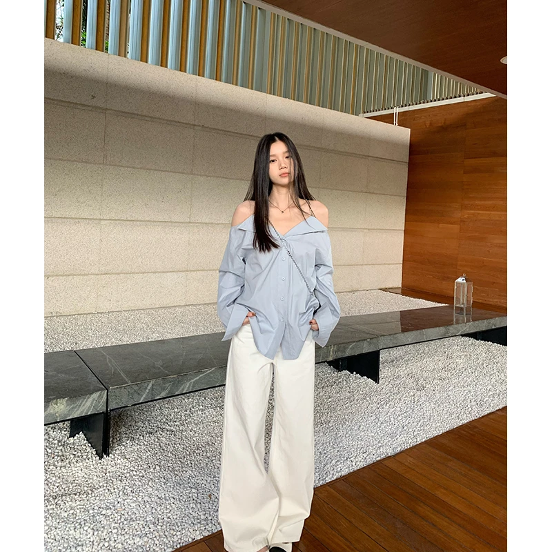 YOKLASS少女家 白色直筒气质牛仔裤春季舒适感休闲长裤子 H30351S