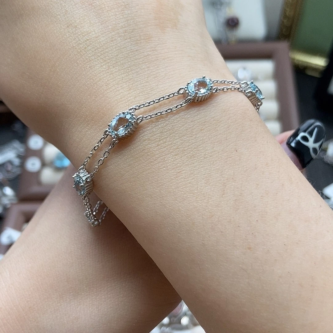 水晶戒指银S925镶嵌野**可海蓝宝手链双层