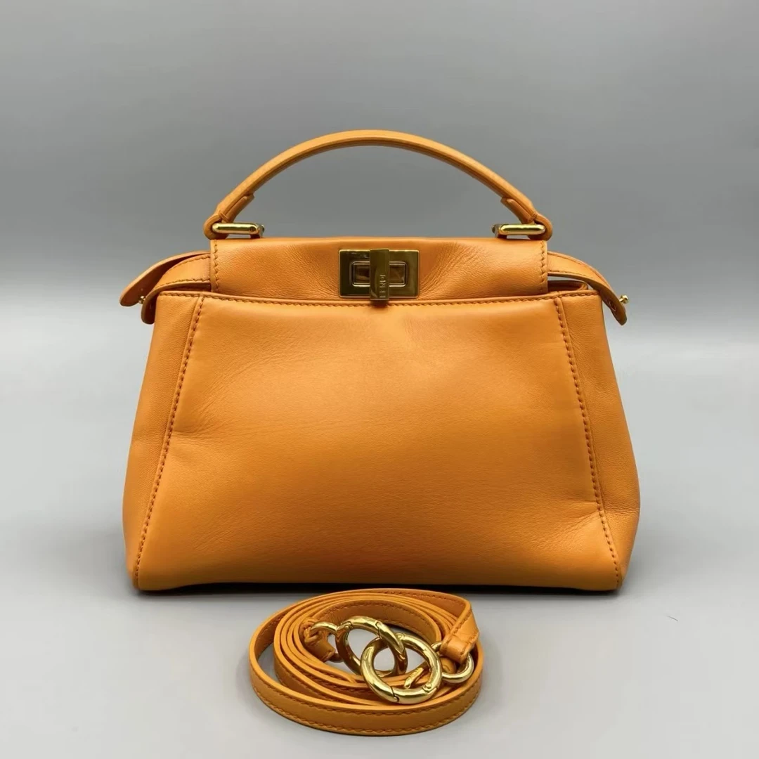 95新 FENDI/芬迪 蔚蓝/peekaboo橘色 小号手提包