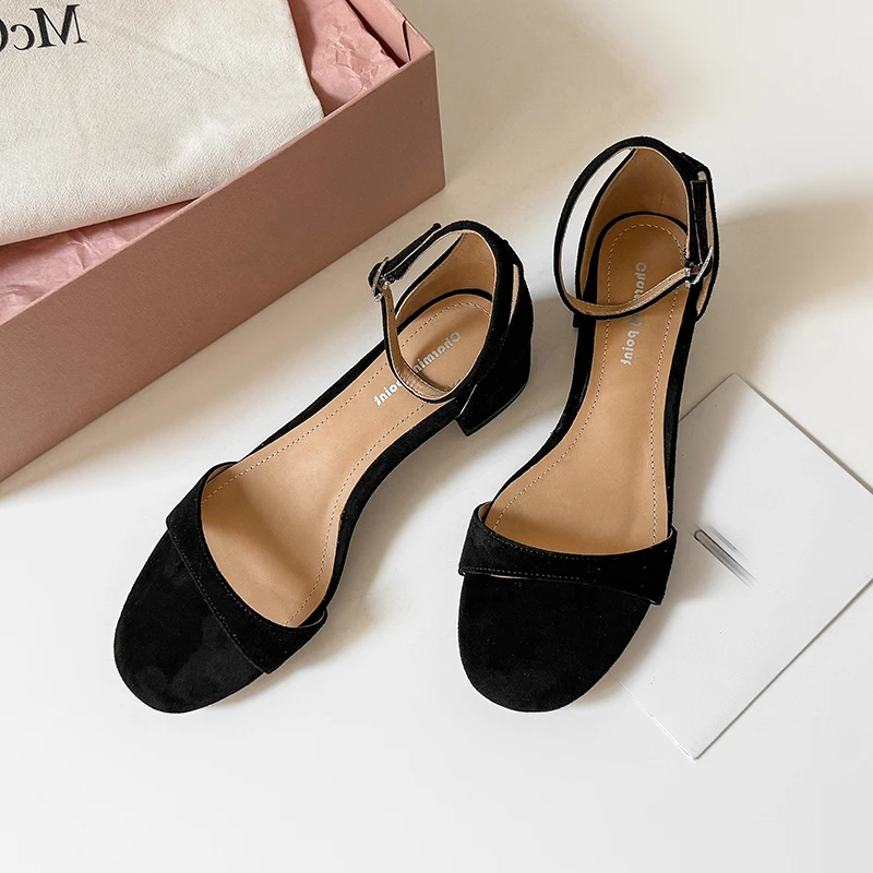 轻奢鞋子新款夏季百搭磨砂皮圆头粗跟简约一字带女鞋青年仙女风