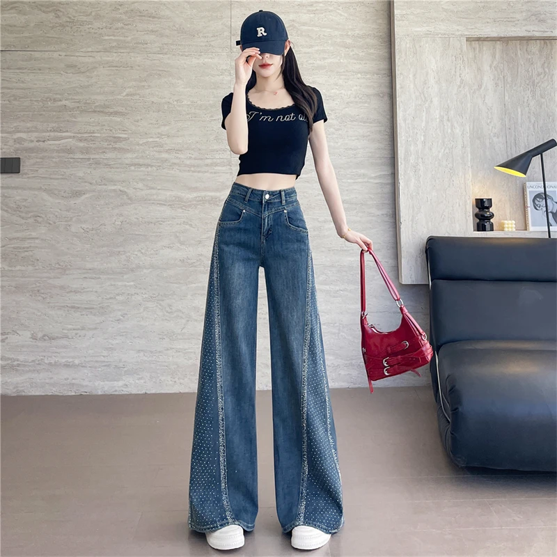 夏季薄款莱赛尔天丝牛仔裤女2025新款烫钻超火阔腿裤宽松直筒高腰