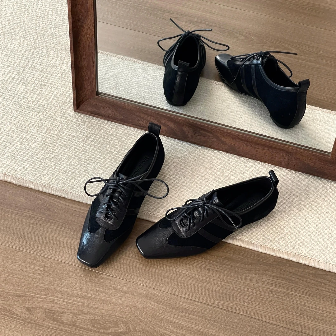 HUSSLOVE 头层羊皮+羊反绒·跟高3.5CM·复古老钱风内增高德训单鞋