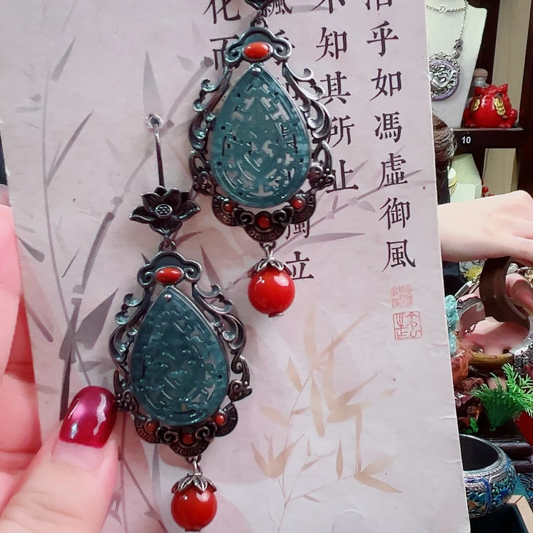 银S925镶嵌翡翠挂件耳环