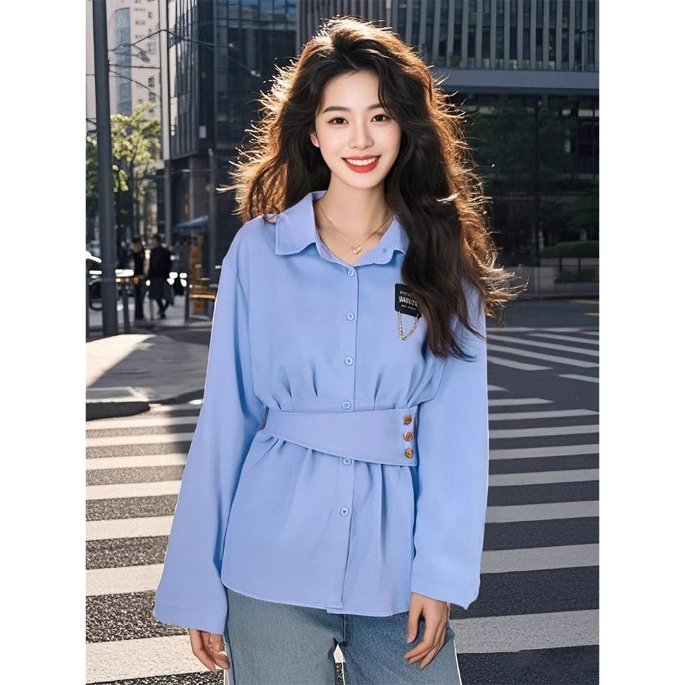 韩系收腰蓝色长袖衬衫女早春2025新款小众设计感气质百搭显瘦衬衣