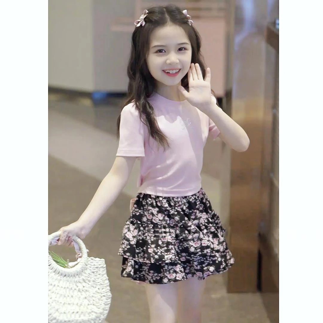 女童夏季套装2024新款洋气儿童碎花半身裙两件套大童夏装短袖衣服