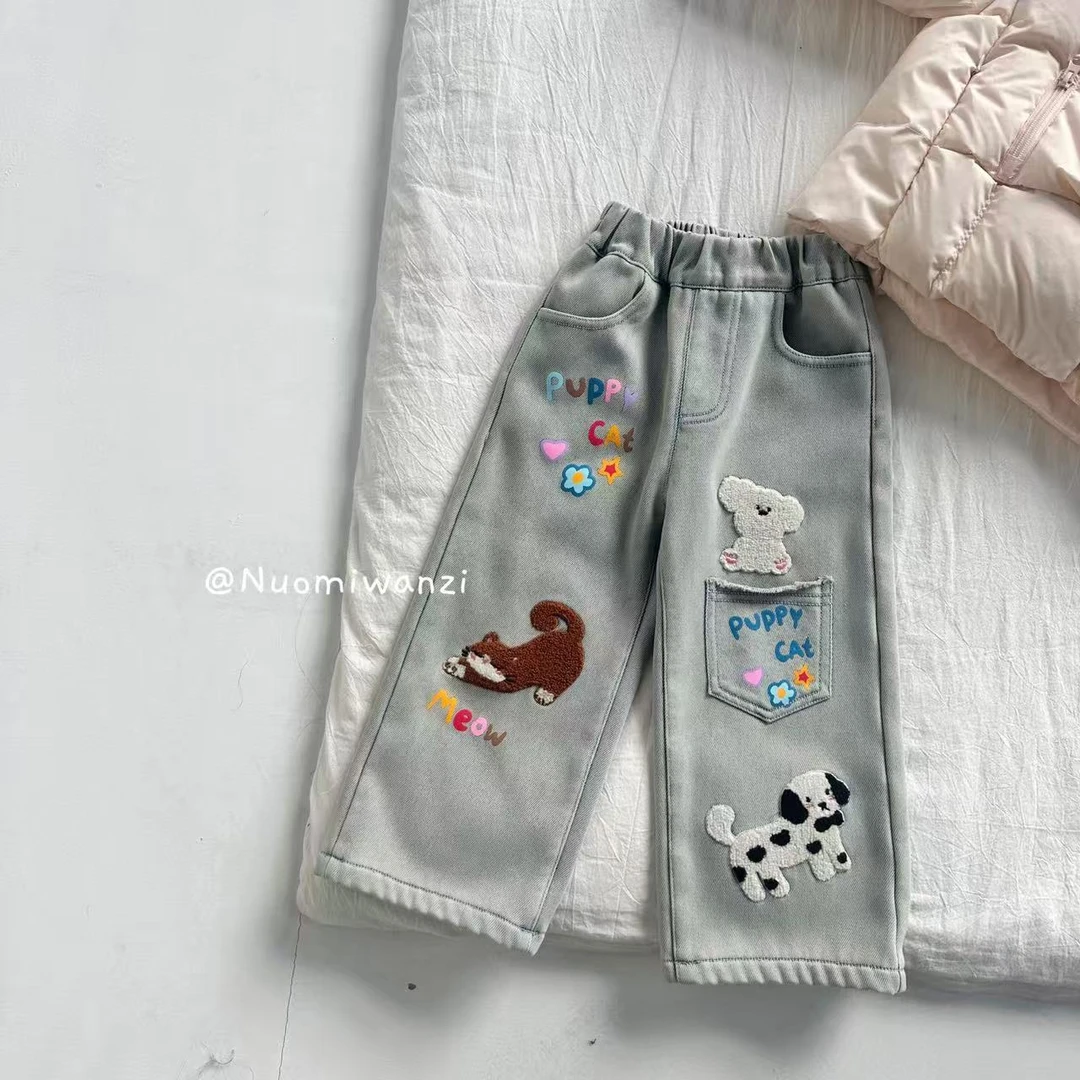 丸子十【YS】儿童百搭可爱卡通舒适直筒牛仔裤(秋冬款)WZJ-54055