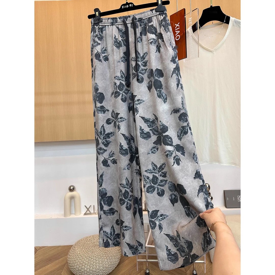 冰丝凉感夏季新款韩版松紧腰抽绳复古印花高级感洋气休闲长裤女潮