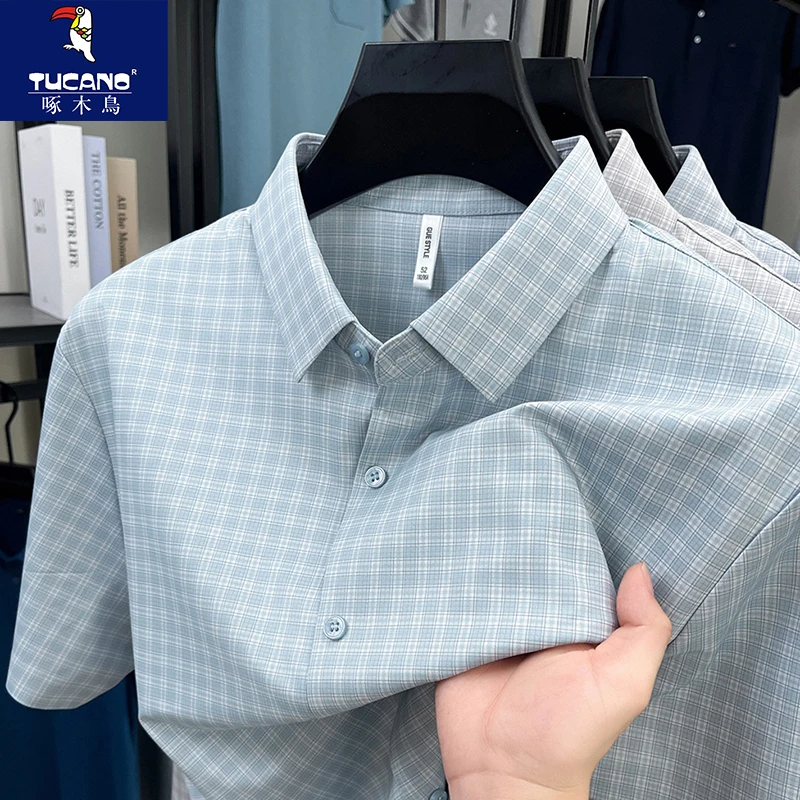 啄木鸟男士冰丝亚麻薄款短袖衬衫夏季桑蚕丝商务休闲免烫格子衬衣