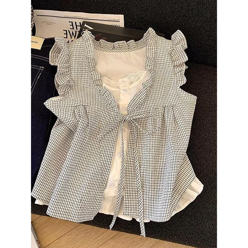 【R620】韩系超好看木耳边假两件格子衬衫睡衣三件套+胸垫
