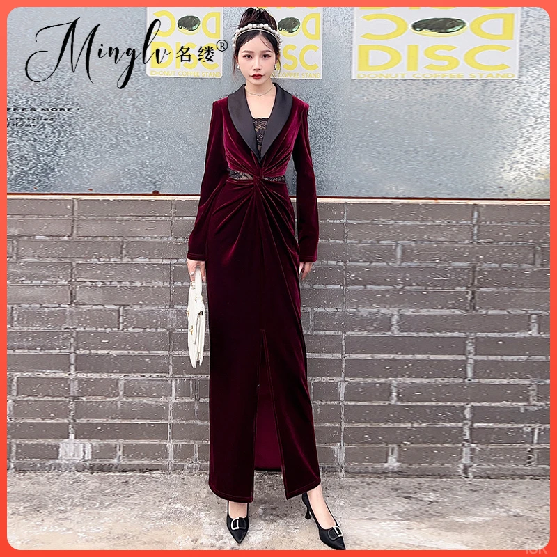 法式2025丝绒蕾丝长袖长裙新款女秋冬拼接显瘦收腰西装连衣裙气质