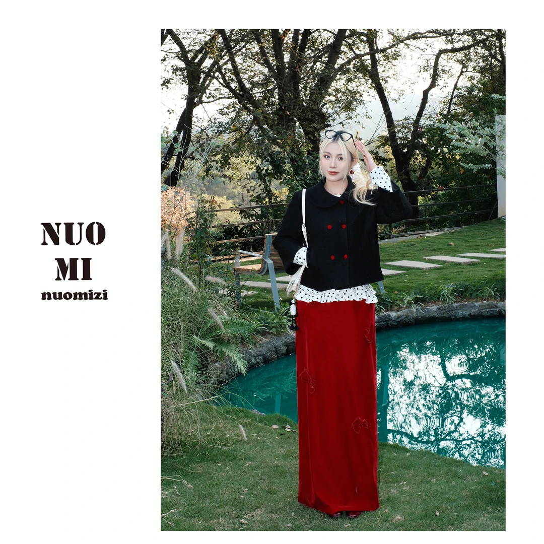 ZOZ糯米子[复古少女半裙]丝绒立体花朵半身裙女秋冬法式优雅长裙