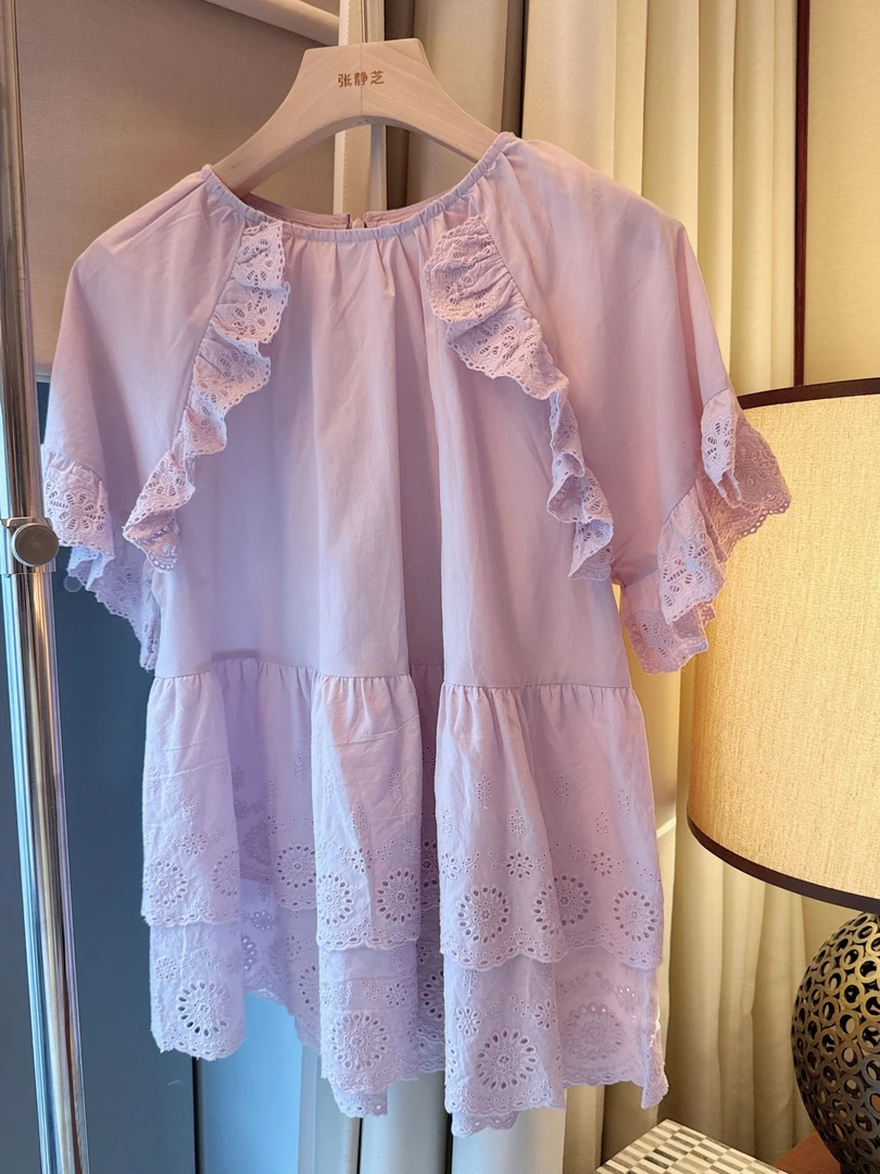 【张静芝】韩国新品~甜美镂空钩花边拼接宽松女生夏季短袖衬衫