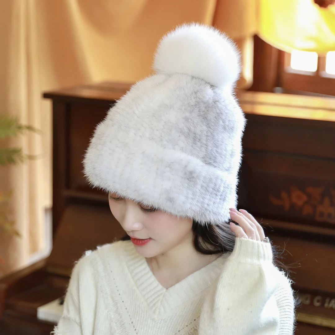 秋冬季真水貂毛弹力包头帽子女貂皮编织护耳针织帽加厚保暖显脸小