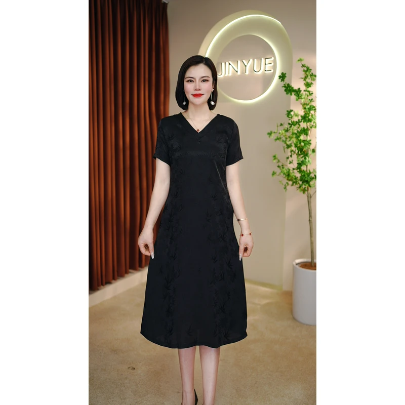 【遇见妳】5775新款V领黑色印花百搭收腰显瘦气质时尚女装连衣裙