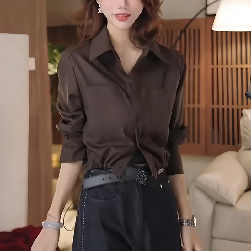 法式小众咖色衬衫女2025秋季新款轻奢洋气高级气质小个子短款衬衫