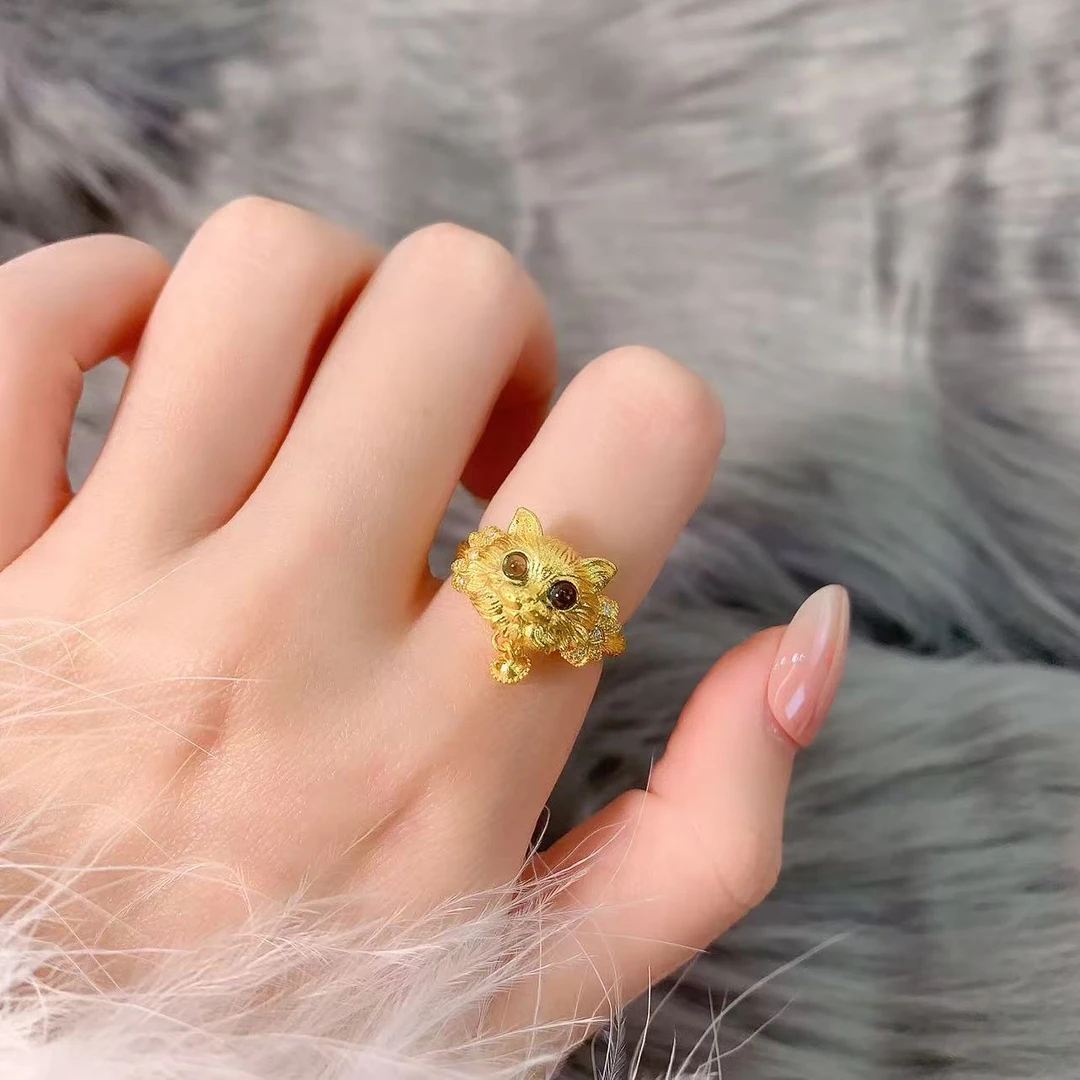 【伟新源】足金999  镶嵌铃铛猫咪活口戒8.86克（附加297）